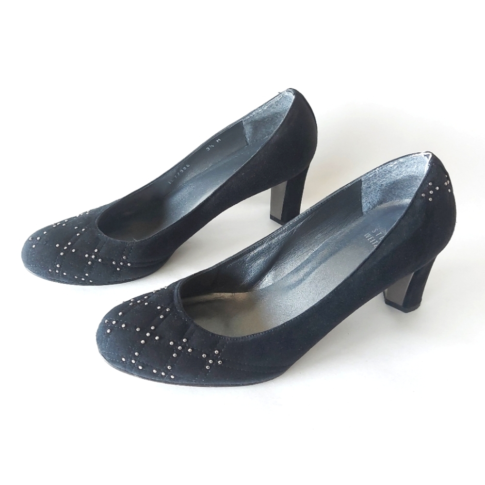 Stuart Weitzman Pump Black Suede Studded Block Heel Comfort Court Shoes